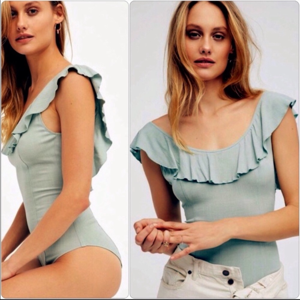 Intimately Free People Uh Huh Ruffle Scoop Back Bodysuit Size Small Sage Green